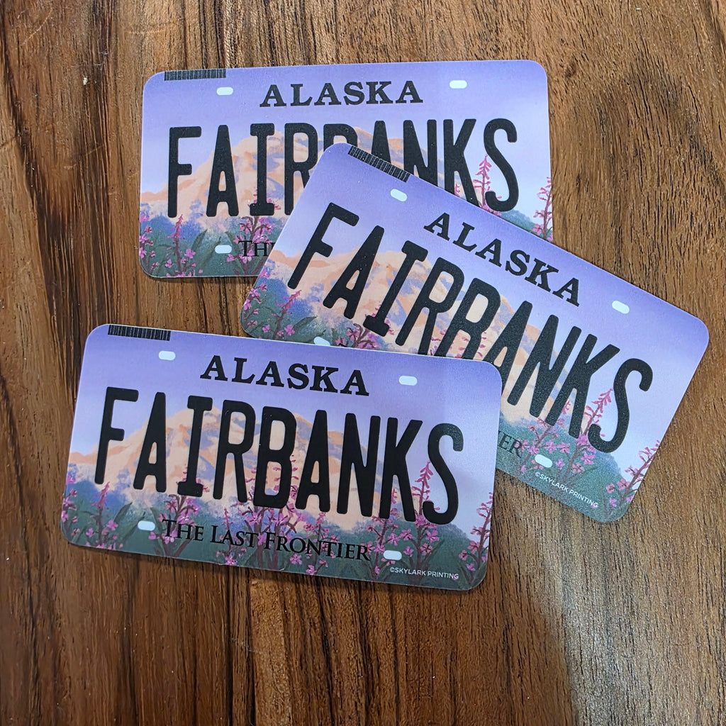 Alaska License Plate Souvenir Sticker-Fairbanks, Matte / 3"